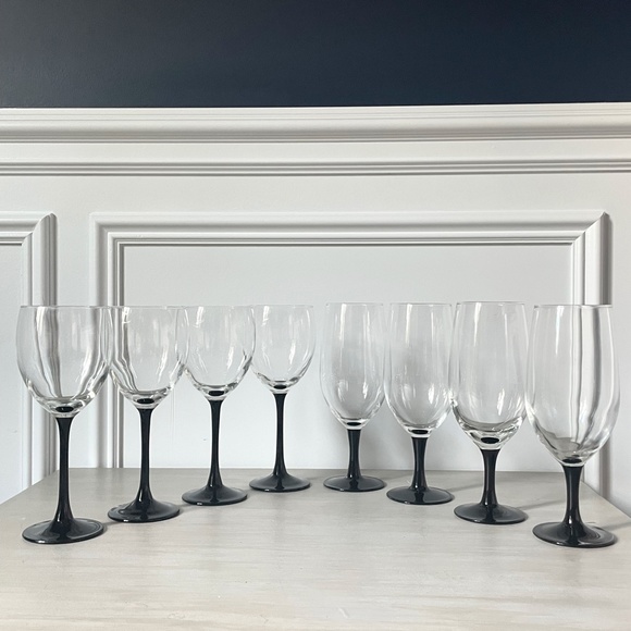 1990s Cristal d'Arques Black Stem Drinkware Set - Set of 8 - Picture 4 of 13